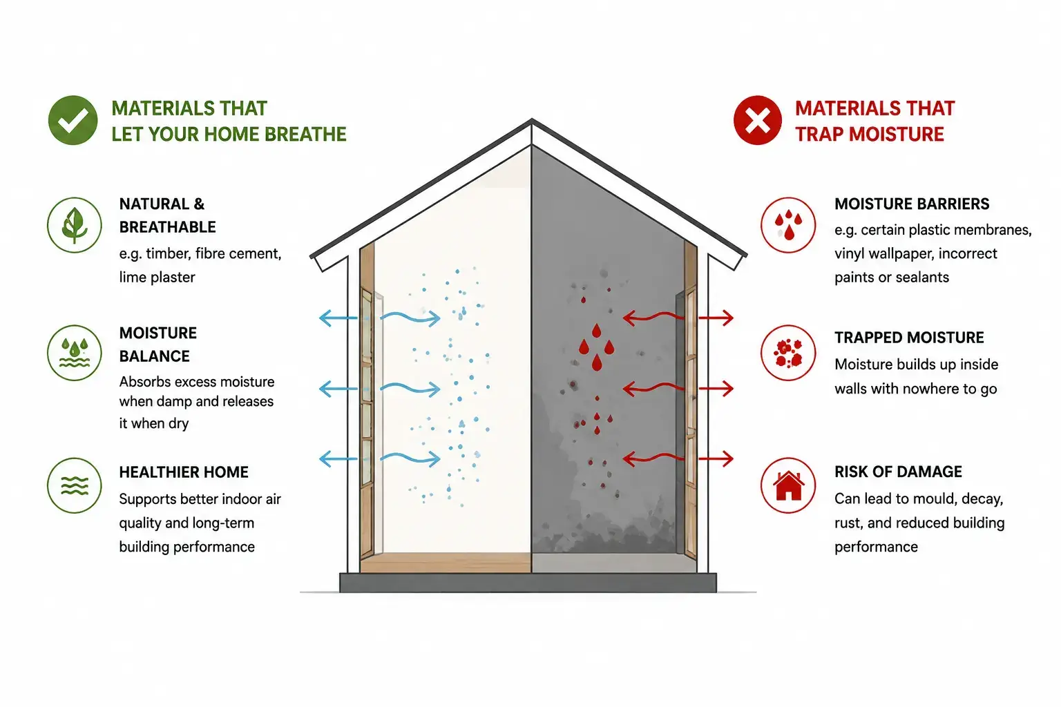 Diagram comparing materials that let a home breathe versus materials that trap moisture