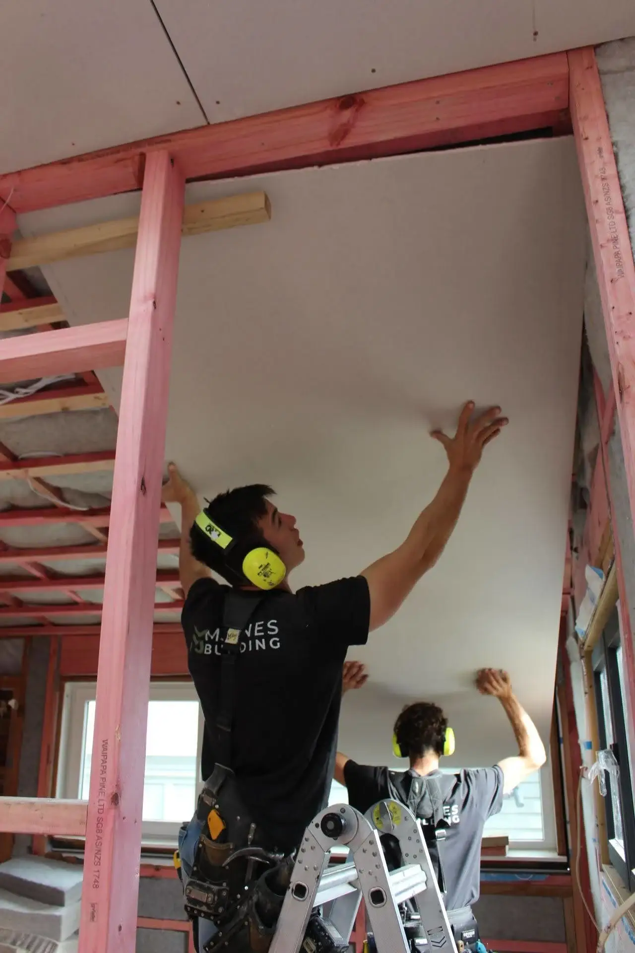 Builders installing wall linings on a Waiheke Island site