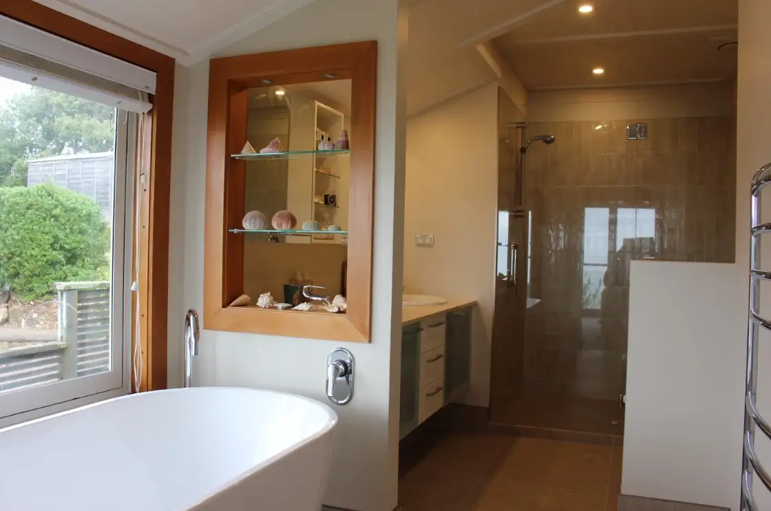 Interior of a healthy, well-built bathroom on Waiheke Island