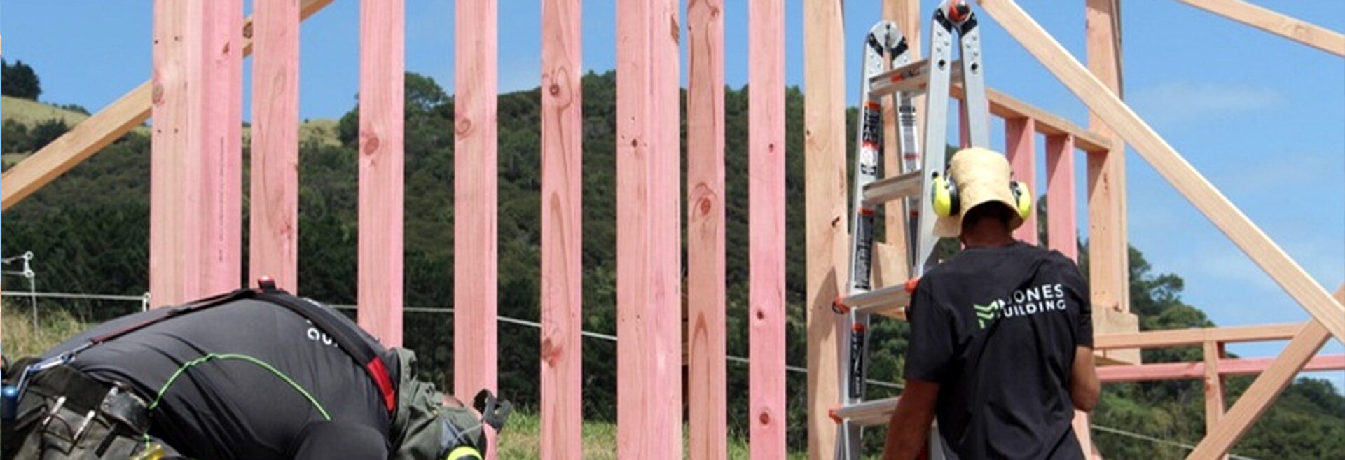Timber wall framing going up during the build phase on Waiheke Island